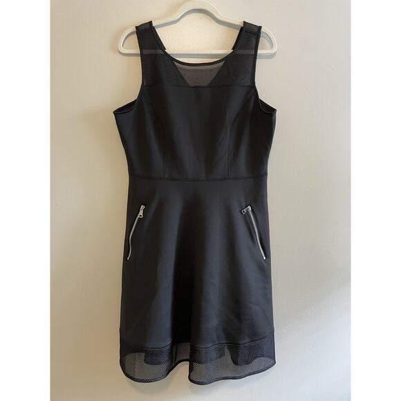 NWT $129 DKNY Size L Black Sleeveless Fit n Flare Dress Mesh Shoulders Hem - Picture 1 of 6